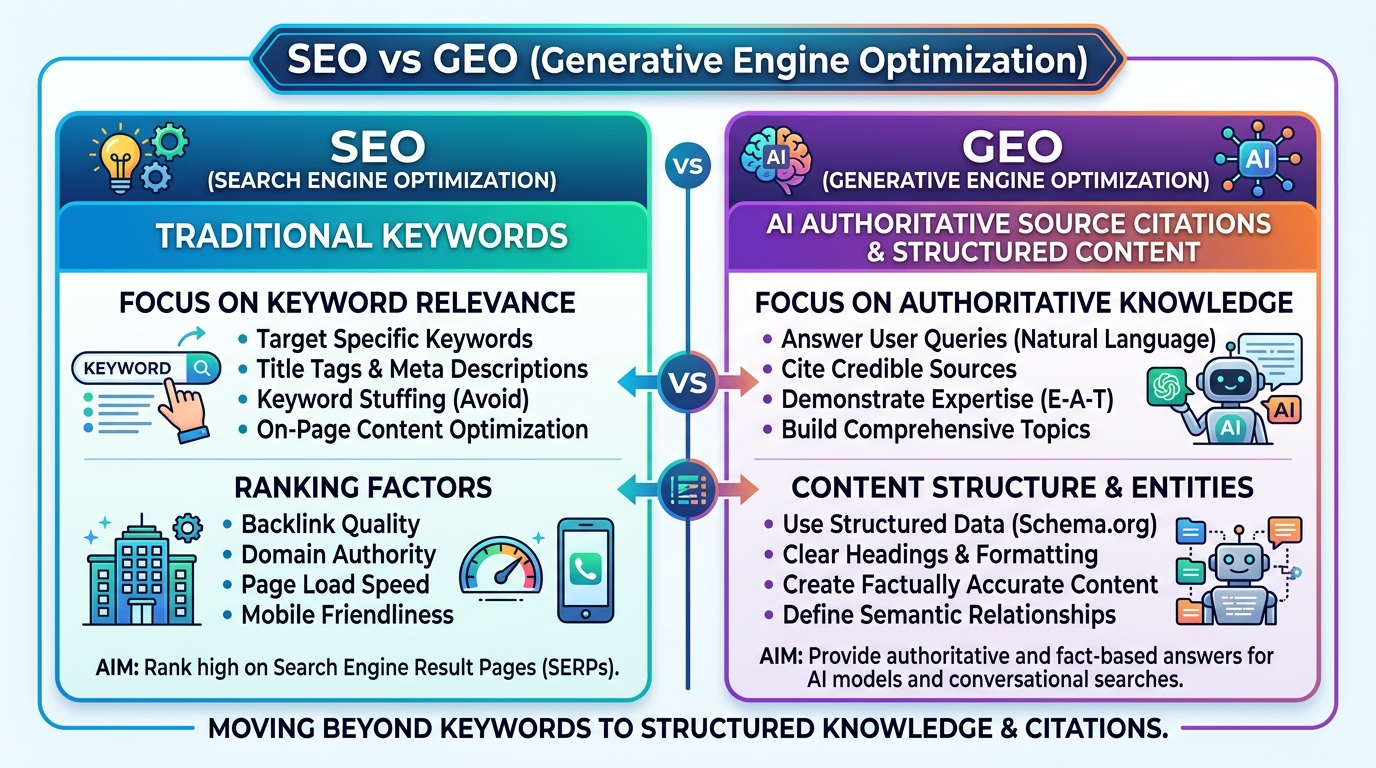 知识卡片:SEO 与 GEO (生成式引擎优化) 核心差异解析